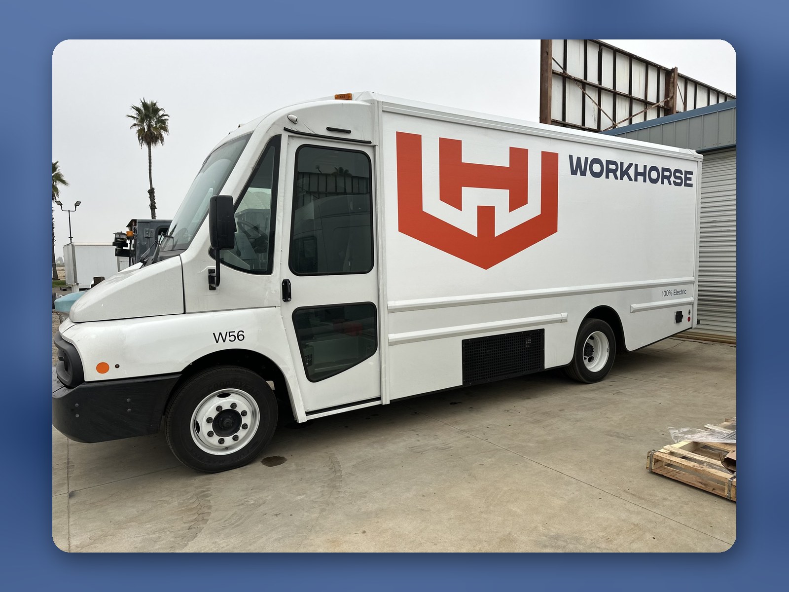 A white 2026 Workhorse W56 electric step van parked outside the dealership.